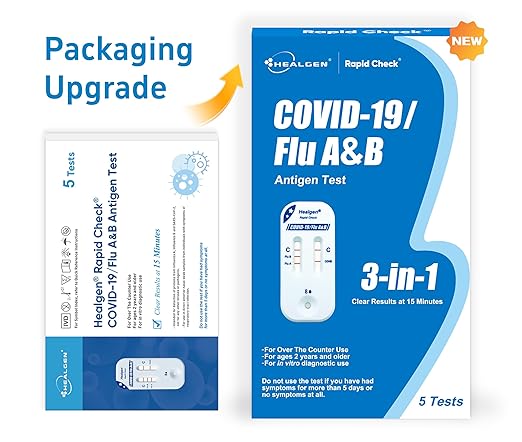 Healgen Rapid Check COVID-19, Flu A&B Antigen Test Kit, The First FDA Authorized OTC 3-in-1 Flu & COVID Home Test, Easy to Read Dual Windows, Results in 15 Mins, 5 Test