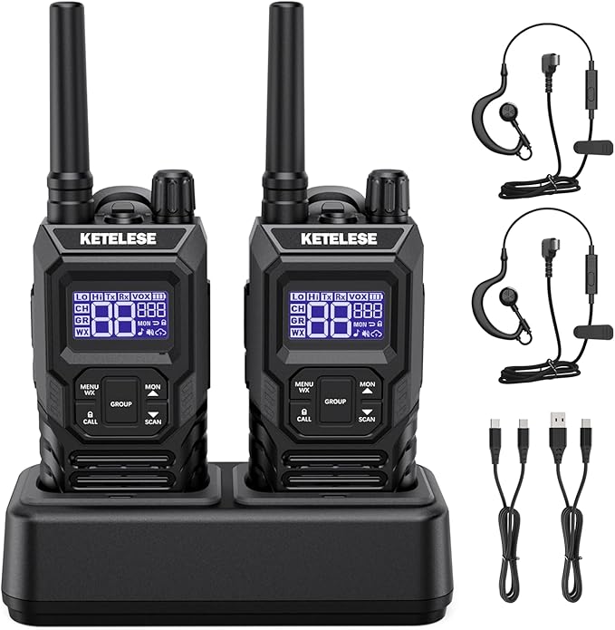 Ketelese T4 Walkie Talkies Long Range, IP67 Waterproof Dustproof Two Way Radio, Walkie Talkie Earpiece with Mic for Adult, USB, NOAA, VOX, Group Call, PTT(Black/ 2Pack)