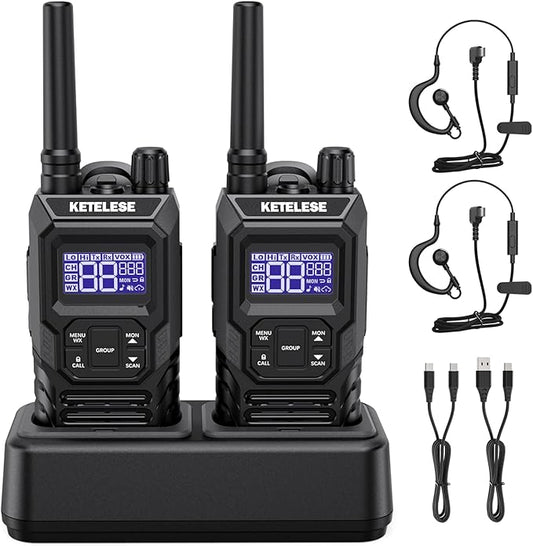 Ketelese T4 Walkie Talkies Long Range, IP67 Waterproof Dustproof Two Way Radio, Walkie Talkie Earpiece with Mic for Adult, USB, NOAA, VOX, Group Call, PTT(Black/ 2Pack)