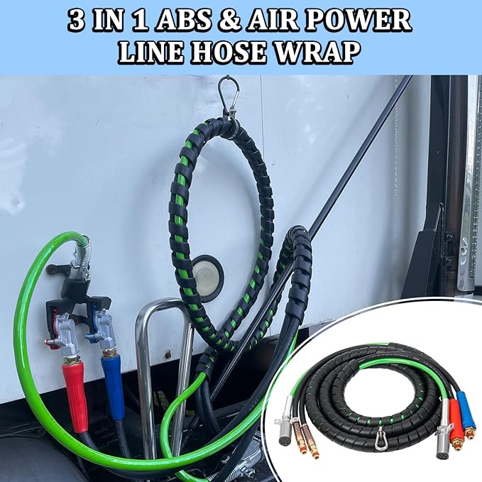 15ft 3 in 1 ABS & Power Air Hose Kit, Wrap 7 Way Electric Line Rubber Air Lines for Tractor Trailer Semi Truck