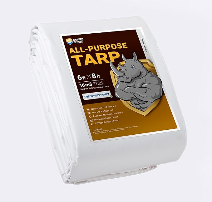 GUARD SHIELD Super Heavy Duty White Ploy Tarp Cover 6x8 Feet Waterproof Tarps16mil Thick UV and Tear Resistant Tarpualin