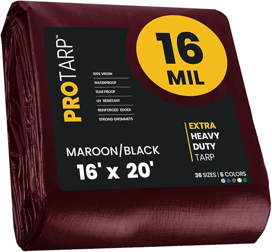 PROTARP Extra Heavy Duty 16 Mil Tarp Cover, Waterproof, UV Resistant, Rip and Tear Proof, Poly Tarpaulin with Reinforced Edges for Roof, Camping, Patio, Pool, Boat. (Maroon/Black 16′ X 20′)