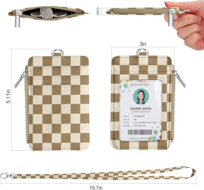 bolimoss Checkered Lanyard Wallet with ID Badge Holder Breakaway Neck Lanyard, Pu Leather Zip Id Case Wallet with Zipper Pocket for Women Office Worker Teacher Student Nurse