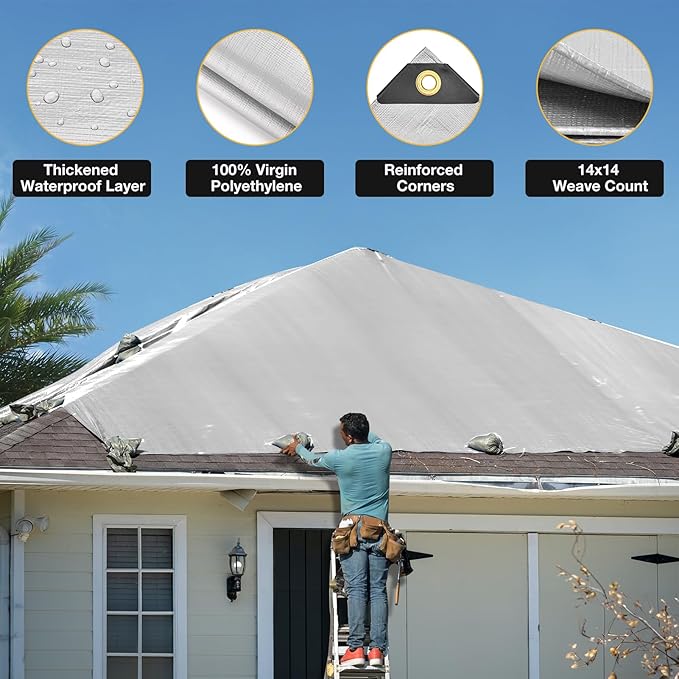 Tarp 20x30 Feet 14 Mil Heavy Duty Waterproof Tarp, Large Multipurpose Cover with Brass Grommets and Reinforced Edges, UV Resistant Thick Poly Tarps for Outdoor Camping Tent Pool Car