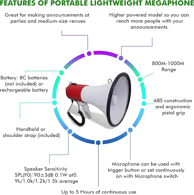 Technical Pro (Qty 4) Portable 75-Watts 800M-1000M Range Megaphone Bullhorn Speaker w/Strap, Siren, & Volume Control, Good for Trainers, Camping, Coaches, Cheer Leaders (Red)