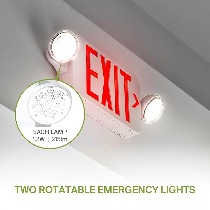 ASD LED Exit Sign with Battery Backup & Round Rotatable Heads - 120-277V UL 2.2W Double Face Emergency Exit Light for Business, Commercial Damp Location Power Outage Lights, Red