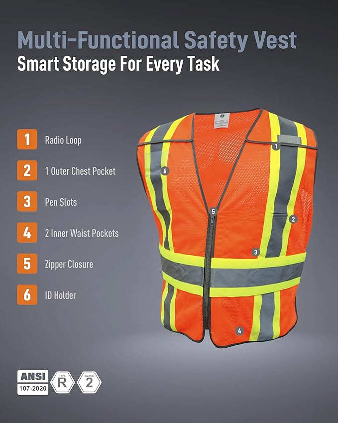 GE Multi-Functional Safety Vest Expandable 5-Point Breakaway High Visibility with Zipper Pockets, Class 2