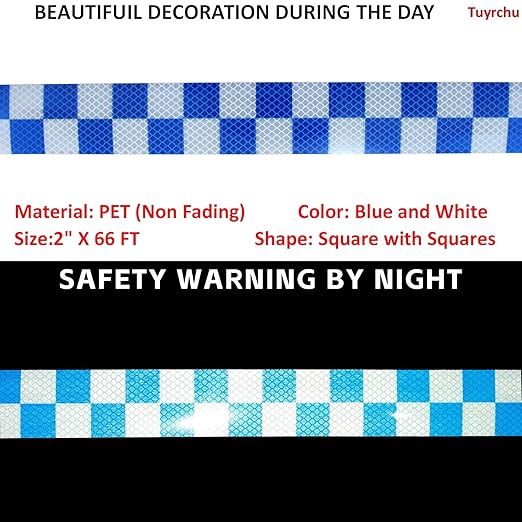 Reflective Tape Blue White 2 inch Wide for Cars, Outdoor Waterproof High Visibility Safety Warning Adhesive Strips (66 feet)
