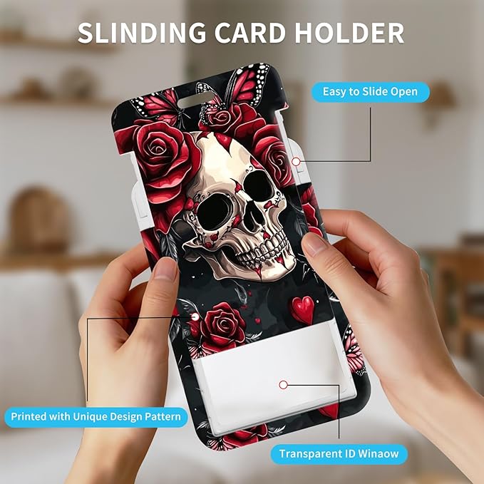 ID Badge Holder with Retractable Lanyard for Women & Men,Vertical ID Card Holder Wallet,Clear Window&Card Slot,Detachable Neck Strap for Nurse Teacher Office,Skull Roses