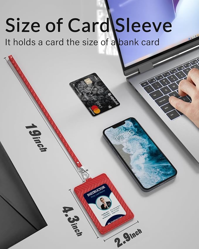 Carbon Fiber Work ID Card Holder with Lanyard is a Stylish and Durable Card Holder with Dual Card Capacity, Clear Display Window and Privacy Back Pocket (Red)