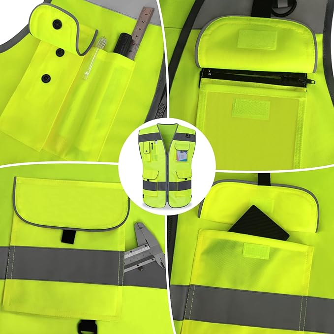 TCCFCCT Safety Vest 9 Pockets High Visibility Reflective Safety Vest for Men Women, Hi Vis Work Vest with Reflective Strips, Meets ANSI/ISEA Standards, (Yellow, 3X-Large)