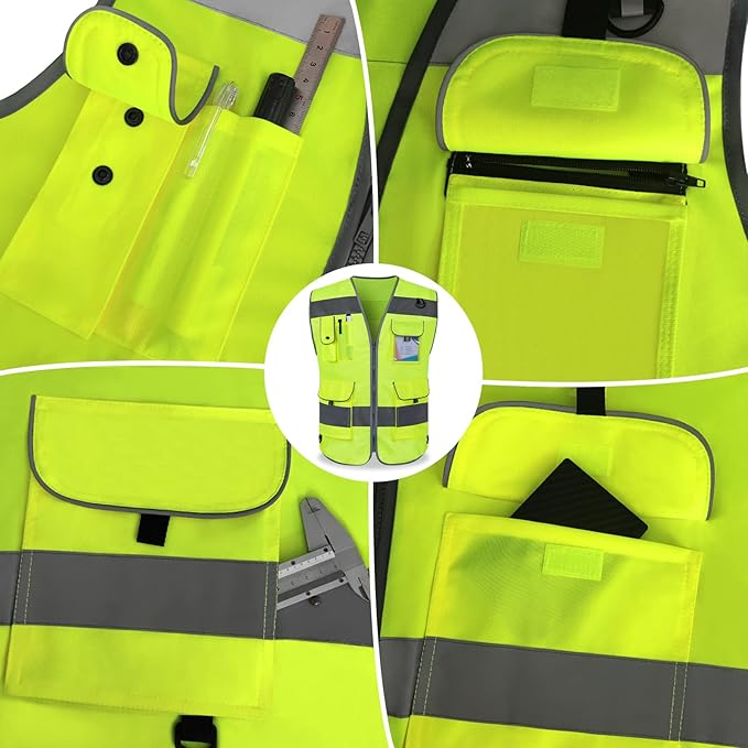 TCCFCCT Hi Vis Vest 9 Pockets High Visibility Reflective Safety Vest for Men Women, Safety Construction Vest with Reflective Strips, Meets ANSI/ISEA Standards, (Yellow, Medium)