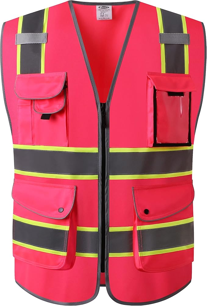 JKSafety 9 Pockets High Visibility Zipper Front Safety Vest | Pink with Dual Tone High Reflective Strips | Meets ANSI/ISEA Standards (901-Pink, 3X-Large)
