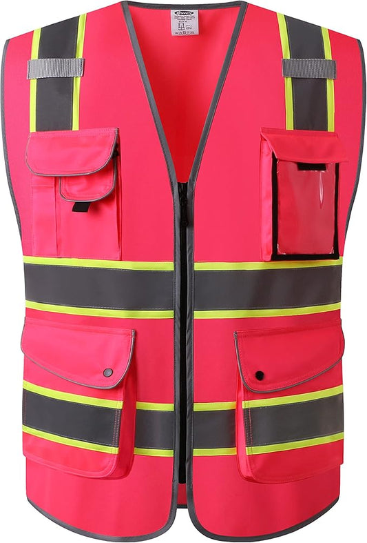 JKSafety 9 Pockets High Visibility Zipper Front Safety Vest | Pink with Dual Tone High Reflective Strips | Meets ANSI/ISEA Standards (901-Pink, 3X-Large)