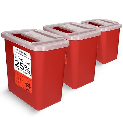 Oakridge Products Large Sharps Container for Home Use and Professional 2 Gallon (3-Pack) with Sliding Top, Biohazard Needle and Syringe Disposal, CDC Certified