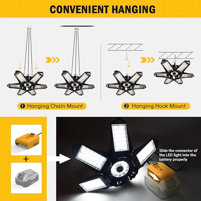 LIVOWALNY LED Work Light Compatible with Dewalt 20V Battery, 68W 6800LM LED Garage Flood Lights with 6+1 Deformable Panels, Battery Powered Pendant Ceiling Light for Shed Workshop Garage Home