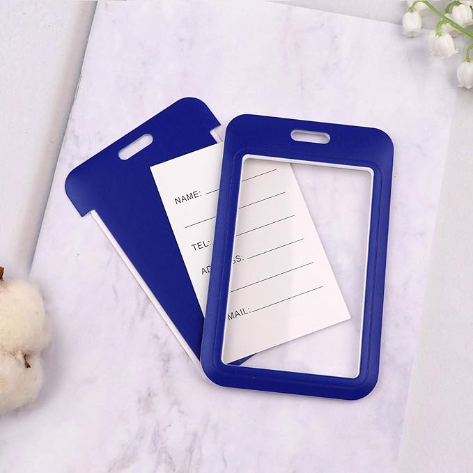 2-Pack Blue Card Holder Set, Clear Plastic ID Badge Holder, Top Slot for Lanyard & Keychain, Reusable PVC Card Sleeve for Work Office School Access Card