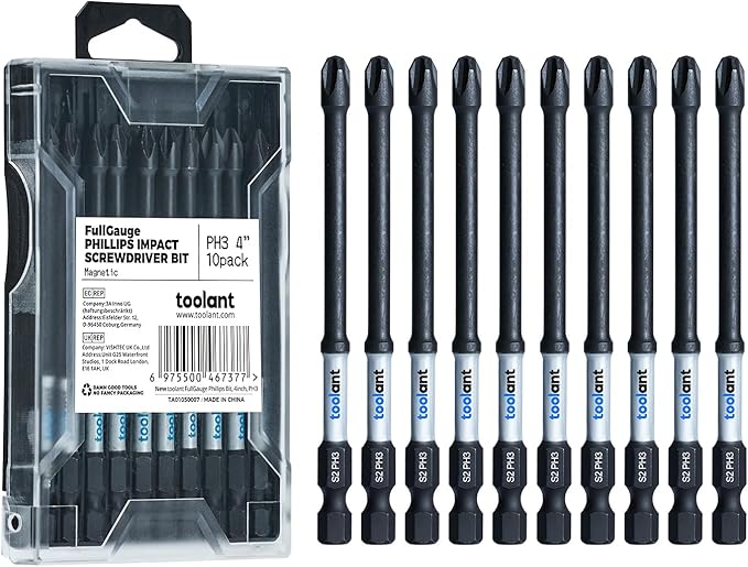toolant 4 Inch Phillips Bit#3 Magnetic Anti Slip Impact Screwdriver Bits Set,10pcs Insert S2 Steel PH3 Driver Dit Set with CNC Machined Tips for Power Drill