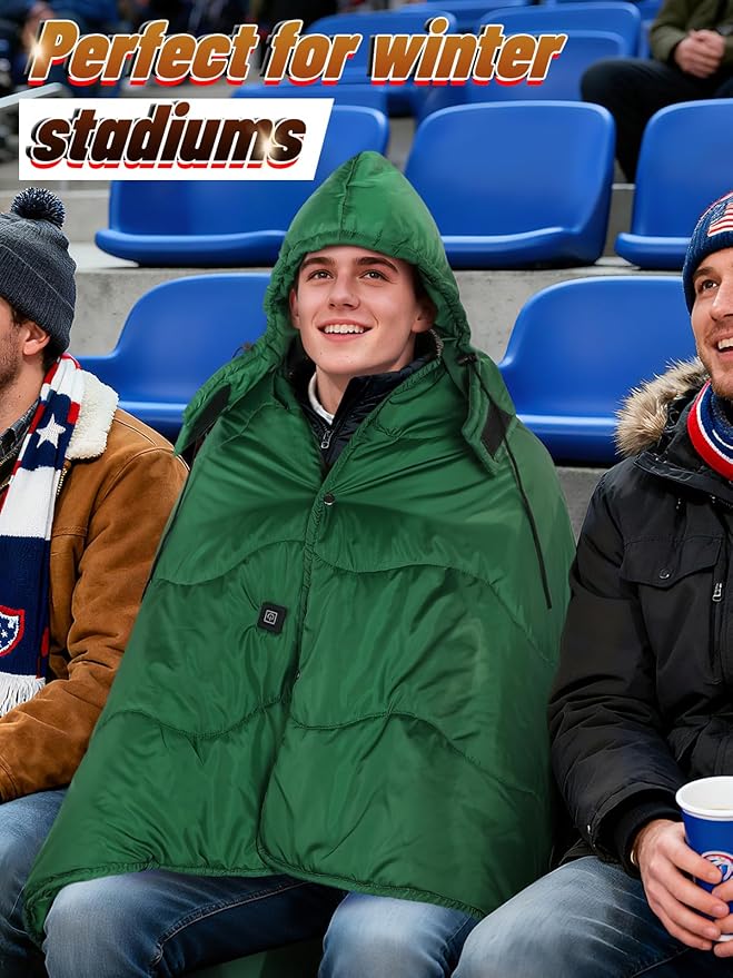 Apipi 4.5x6ft Outdoor Heated Blanket Battery Operated - Rainproof Windproof Stadium Camping Blanket with Removable Hood, Warm Travel Shawl Winter Camping Gear Essentials (USB Powered)