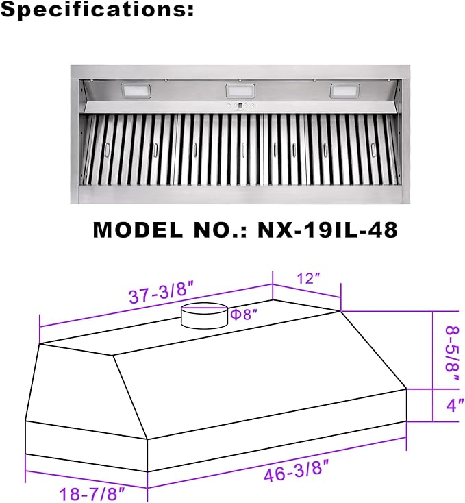 Range hood, 48 Inch Range Hood Insert with 1200 CFM Powerful Suction, Ultra Quiet Ducted Stainless Steel Kitchen Stove Vent Hood with Dimmable LED Lights, Timer, 4-Speed Touch Control