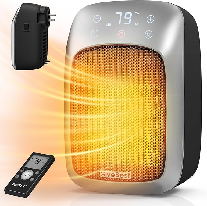 GiveBest Plug in Wall Space Heater with Remote, 800W Small Wall Outlet Heater with Adjustable Thermostat and 12H Timer, LED Display for RV Home Office Bathroom Indoor Use, 2 Pack
