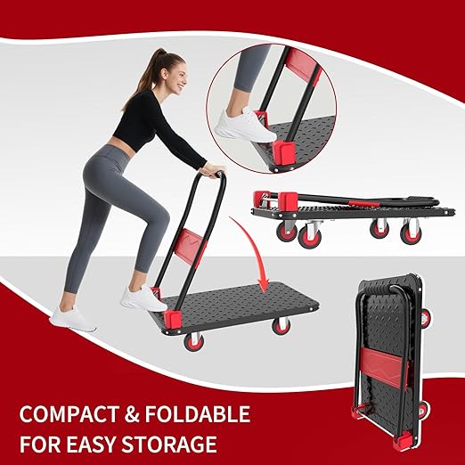 Foldable Push Cart Dolly, 330lbs Flat Bed Carts with Wheels & Anti-Collision Strips, Heavy Duty Platform Truck for Household Tasks, Moving, 360° TPR Mute Wheels for Easy Maneuver, Black Red