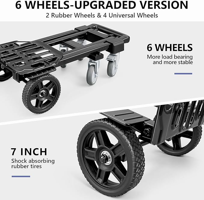 KEDSUM 3-in-1 Convertible Hand Truck Dolly, 600LBS Heavy Duty Dolly Cart with Wheels, Dolly Cart with Adjustable Handle & Caster Wheels for Home,Office,School, 6 Wheels Innovative Design, Collapsible