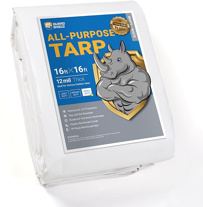 GUARD SHIELD White Tarps Heavy Duty Waterproof 16x16 Feet Large Thick Tarp Cover 12mil