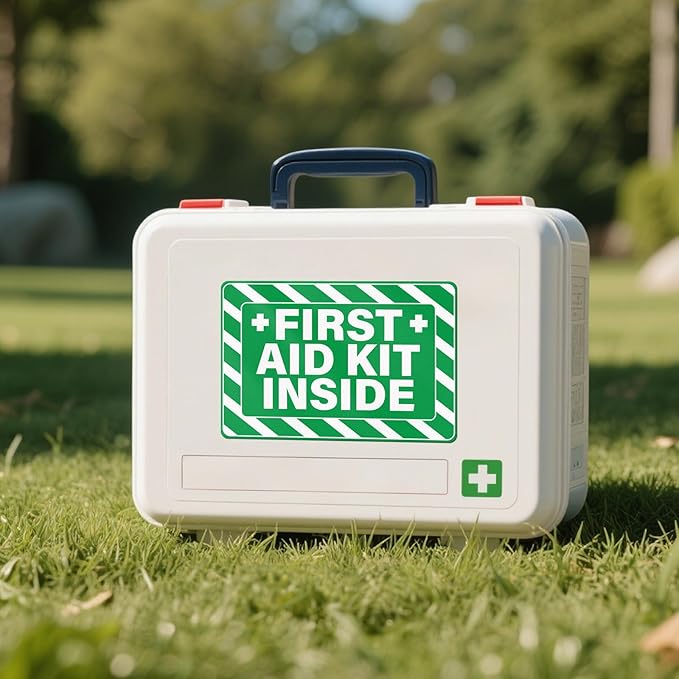10 PCS First Aid Kit Inside Stickers 6 × 4 Inches Vinyl Emergency Medical Sign Waterproof Self Adhesive Fade Resistant Signage for Home Office Business Workplace