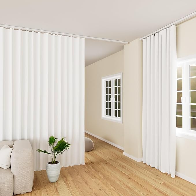 Room Divider Curtains Blackout Ceiling Track Curtain with Hook Wall Mount Sliding Door Curtains Ceiling Mount Extra Wide Curtain Wall Divider for Room Separation(Greyish White,W100 x H84 in)