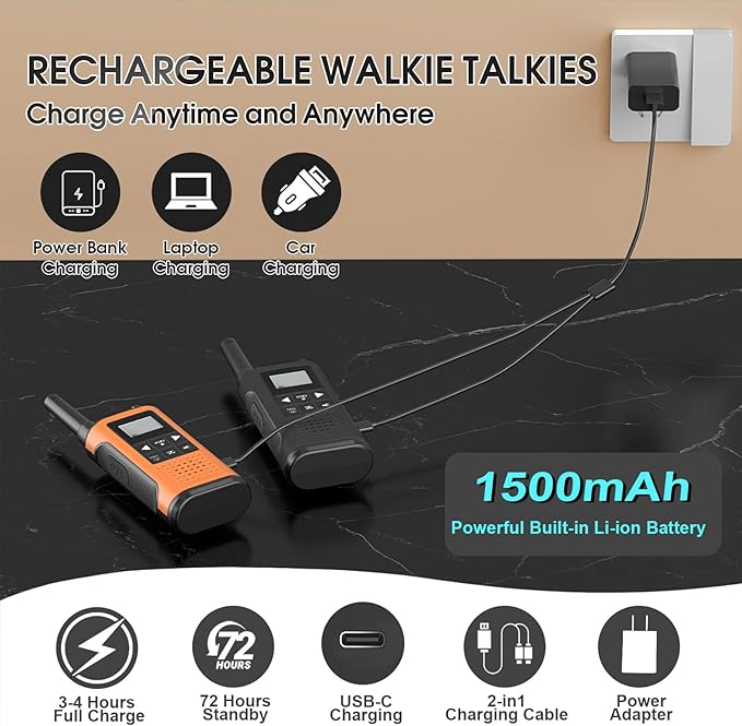 Walkie Talkies Long Range for Adults-2 Pack Rechargeable Walkie Talkies 22 FRS Channels 2-Way Radios with NOAA Weather Alert,VOX,Flashlight and 1500mAh Li-ion Battery for Family Camping Hiking