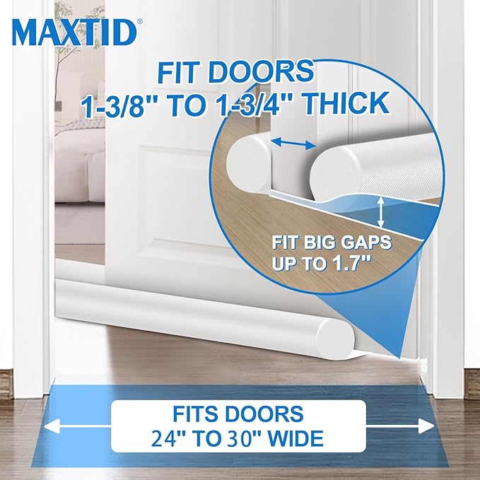 MAXTID Large Door Draft Stopper 30 Inch for Small Size Bedroom Door Fits 0.5 to 1.7" Gaps White Under Door Draft Blocker Noise Doors Seal Filler Gap Draft Guard for Bottom of Doors