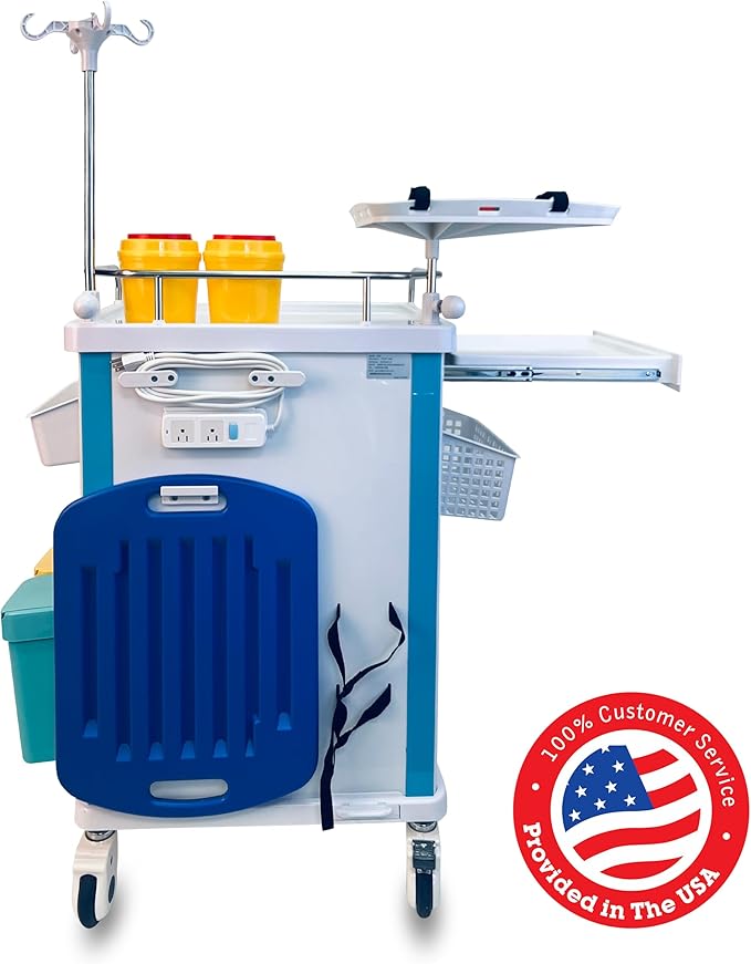 Pochar Medical Crash Cart with Emergency Accessory - Cardiac Board, IV Pole, O2 Holder, Power Strip, Trash Bin, Drawers with Dividers - Mobile Emergency Cart for Hospitals and Clinics
