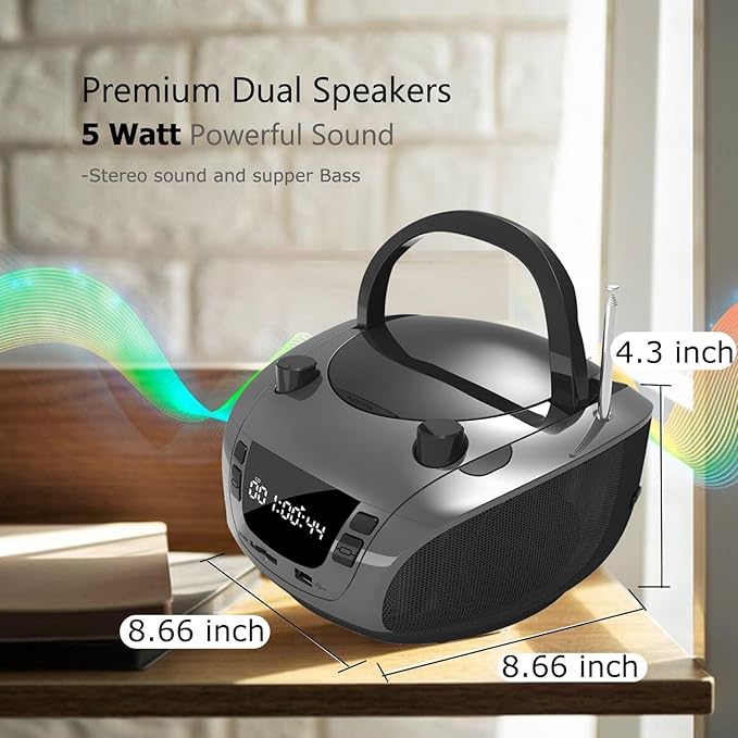 LONPOO Portable CD Boombox -FM & AM Radio, CD Player, Bluetooth, USB, MP3, AUX,Portable, Built-in Stereo Speakers, Carrying Handle, LCD Display,Grey
