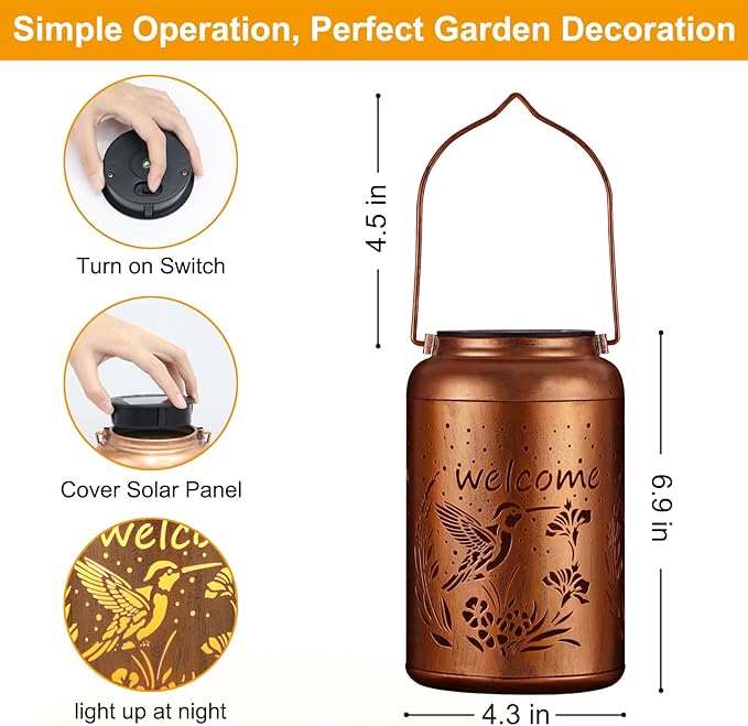 Solar Lantern Outdoor Hanging Waterproof Outside Metal Openwork Hummingbird Pattern Birthday Gifts for Women Mom Landscape Lights for Porch Garden Yard Patio Pathway Decor（Hummingbird）