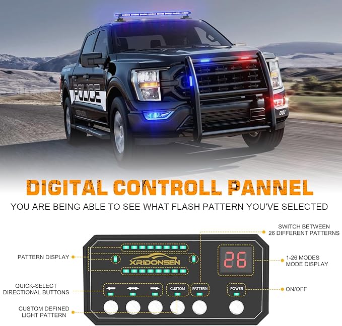 XRIDONSEN 37 Inch 104 LED Roof Top Blue Emergency Lights Magnetic Police Firefighter Safety Lights w/Controller for Vehicles POV Fire Trucks