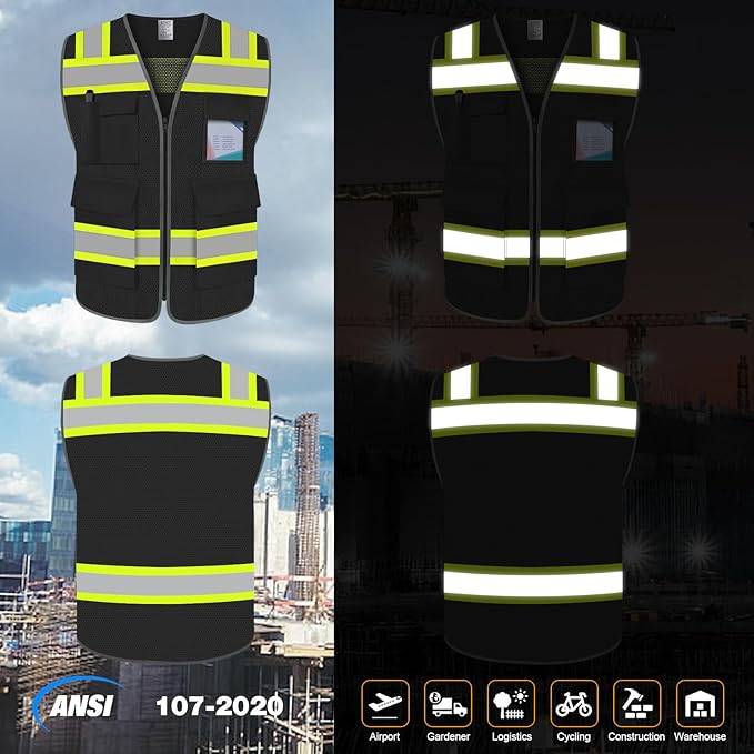 TCCFCCT Reflective Safety Vest With 5 Pockets for Men Women - High Visibility Construction Mesh With Zipper and Neon Yellow Extended Edge - Meets ANSI/ISEA, DW-Black, M