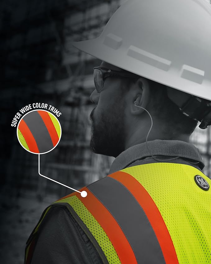 GE Multi-Functional Safety Vest Expandable 5-Point Breakaway High Visibility with Zipper Pockets, Class 2