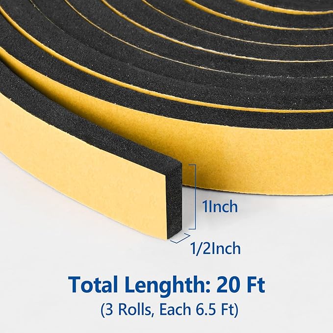 Kikerike Self Adhesive Foam Tape Weatherstrip 1In x 1/2In x 20Ft High Density Foam Insulation Strips Seal Weather Stripping with Strong Adhesive for Door and Window Sound Isolation Soundproofing