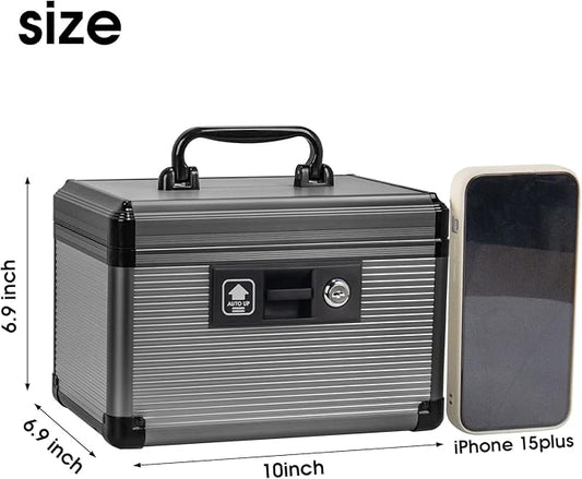 Medicine Lock Box with Key, Alluminum Alloy Box for Medication,First Aid Box with a Removeable Tray to Store Medicines & Pills for Home,Black 10 * 6.89 * 6.89 Inch