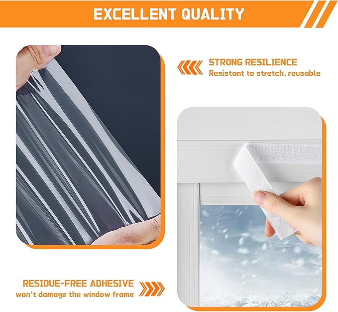 Reusable Window Insulation Kit 87 in x 20 ft Thick 180μm Adjustable Clear Plastic Film with Adhesive Straps Easy to Install & Remove for Winter Energy Saving