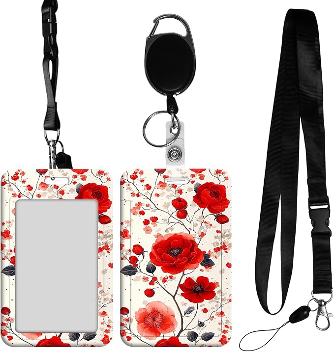 ID Badge Holder with Retractable Lanyard for Women & Men,Vertical ID Card Holder Wallet,Clear Window&Card Slot,Detachable Neck Strap for Nurse Teacher Office,Red Floral Art