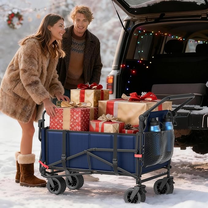 LEVELEVE Heavy Duty Folding Wagon - 2-in-1 Collapsible Cart, 650lb Capacity, All-Terrain Wheels w/Brakes & Side Pockets (Blue)