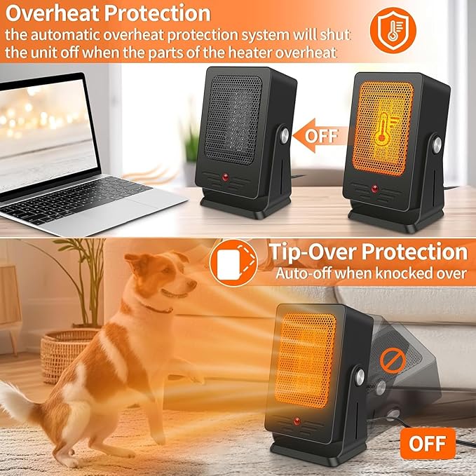 Space Heaters for Indoor Use,Desktop Small PTC Heater with 2s Fast Heating,Tip-Over&Overheat Protection,30°Adjustable Angle Portable Personal Electric Heater for Office,Bedroom
