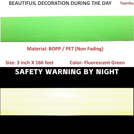 Fluorescent Green Reflective Tape Outdoor Waterproof 3 inch Wide, High Visibility Warning Stickers, Safety Marking Tape (166 feet)