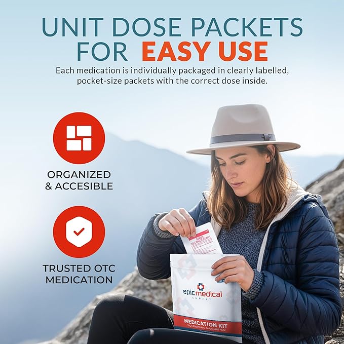 First Aid Kit Medication Refill – 43-Count Unit Dose Packets - Alcohol Pads & Bandages – Emergency Medicine Kit Pills - 1st Aid Kit Refill, Travel, Camping – Assembled in USA
