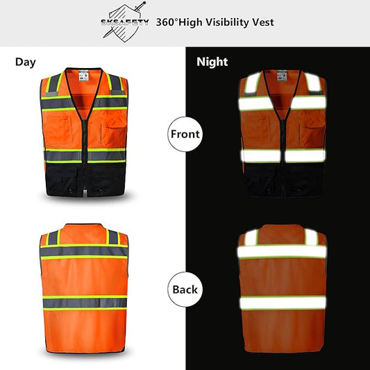SKSAFETY 10 Pockets Professional level Safety Vest, Class 2 High Visibility Security Vest with Zipper, Hi Vis Vest with Reflective Strips, ANSI/ISEA Standard, Construction Work Vest（Orange Black, XL）