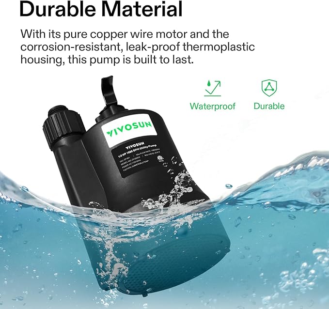 VIVOSUN Submersible Water Pump, 1/3HP 1980GPH Utility Pump, Thermoplastic Sump Pump with 10ft Cable, Compact and Portable, Ideal for Ponds, Basements, Swimming Pools, Hot Tubs Draining