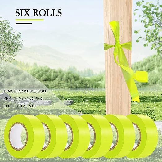 6 Pack Yellow Flagging Tape, Non-Adhesive Plastic Ribbon Neon Marking Roll, 1inch*600ft, Marking Tape for Tree Marking, Hunting, Boundaries and Hazardous Areas,Trail Marking