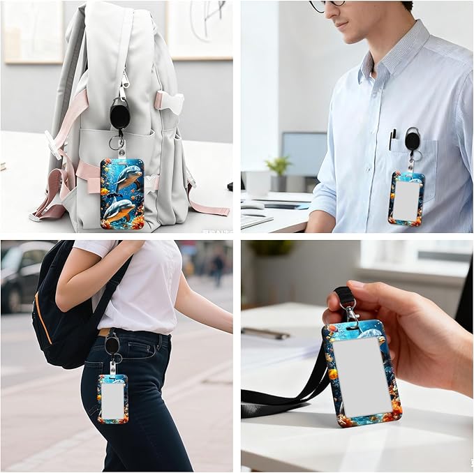 ID Badge Holder with Retractable Lanyard for Women & Men,Vertical ID Card Holder Wallet,Clear Window&Card Slot,Detachable Neck Strap for Nurse Teacher Office,Underwater Dolphin Scene